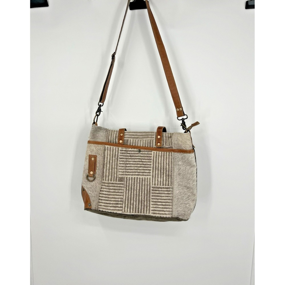 Myra Mixed Media Large Tote Canvas & Leather Cowhide Crossbody Boho Work Bag - Picture 5 of 16